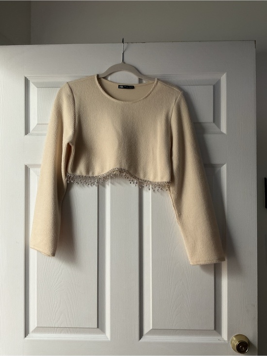 Zara Tops - Zara Cream Cropped Beaded-Hem Sweater